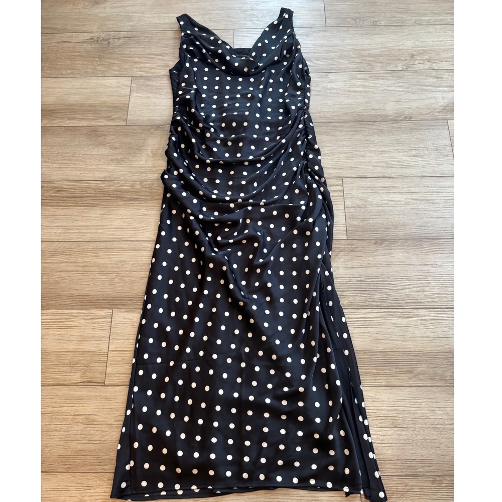 Abercrombie & Fitch Polka Dot Cowl Neck Ruched Maxi Dress Black White XL